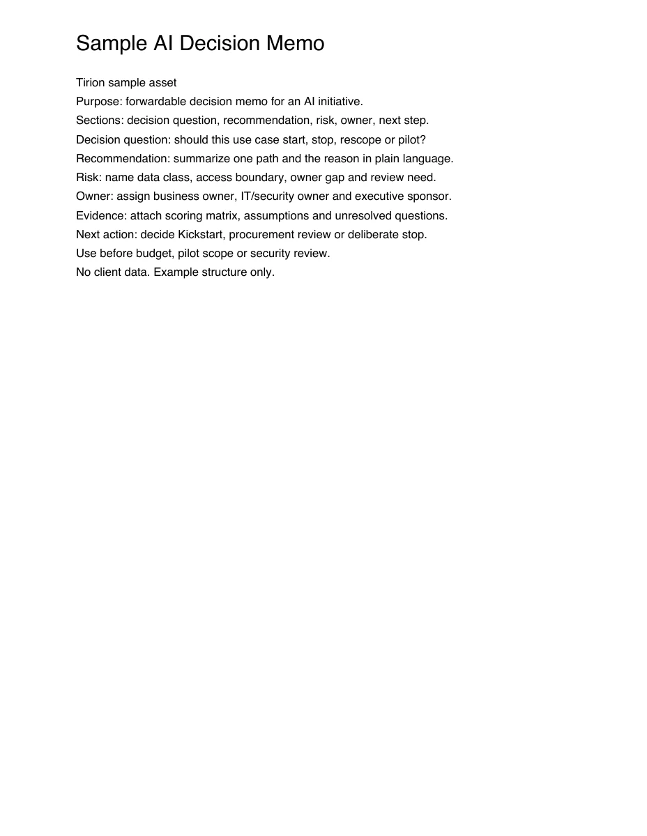 Erste Seite des Sample AI Decision Memo. Zum Lesen PDF öffnen.