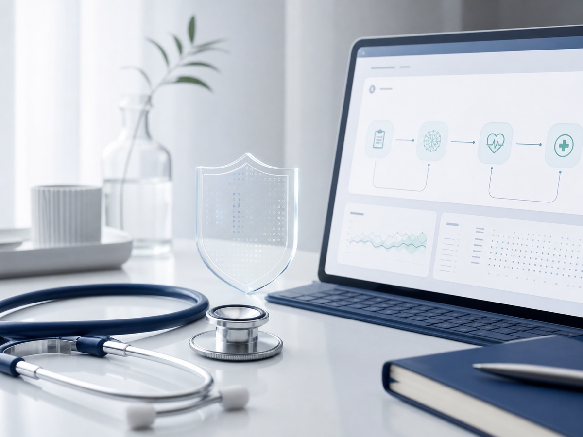 Stethoskop neben geschütztem Medical-AI-Workflow ohne Patientendaten